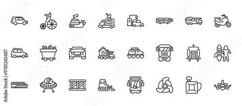 24 set of outline web transport icons such as old bicycle, car charging, minerals, suitcase cart, excavate vector thin icons for report, presentation, diagram, web design, mobile app