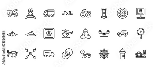 24 set of outline web transport icons such as diesel train, quad bike, luxury yacht, long car, transition vector thin icons for report, presentation, diagram, web design, mobile app