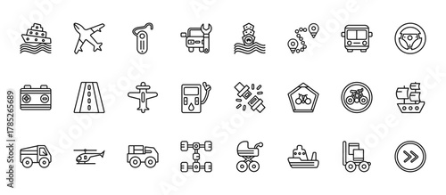24 set of outline web transport icons such as flying airplane, ferry carrying cars, road with broken lines, bikes, chassis vector thin icons for report, presentation, diagram, web design, mobile app