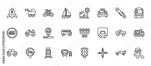 24 set of outline web transport icons such as baby trolley, airport checking, go kart, recirculation, scholar bus stop vector thin icons for report, presentation, diagram, web design, mobile app