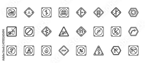 24 set of outline web traffic signs icons such as end of way, side road, no waiting, no fireworks, road vector thin icons for report, presentation, diagram, web design, mobile app