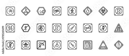 24 set of outline web traffic signs icons such as crossing, pedestrian, no straight, no children, handicap vector thin icons for report, presentation, diagram, web design, mobile app