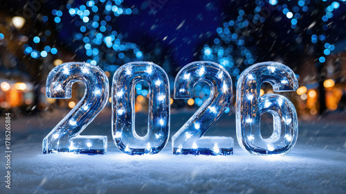 Glowing ice sculpture numbers forming 2026 in snowy winter scenery with festive holiday lights and snowfall at night