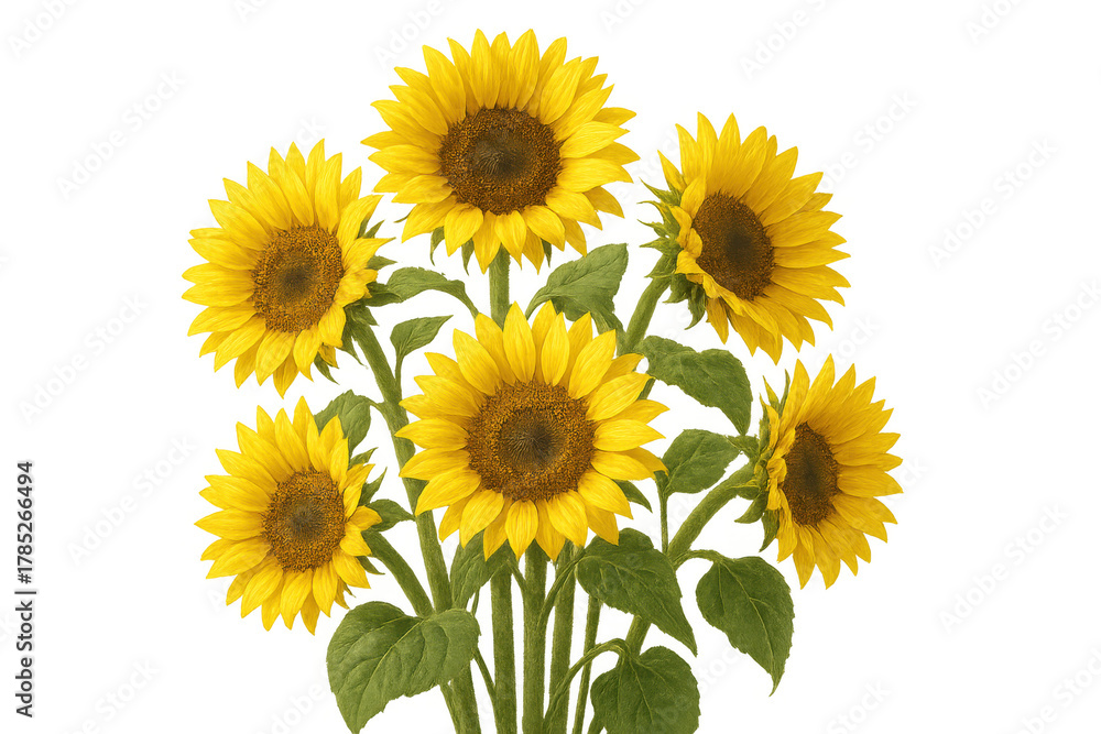 Obraz premium Bunch of vibrant yellow sunflowers with green leaves and stems, creating a natural bouquet, transparent background