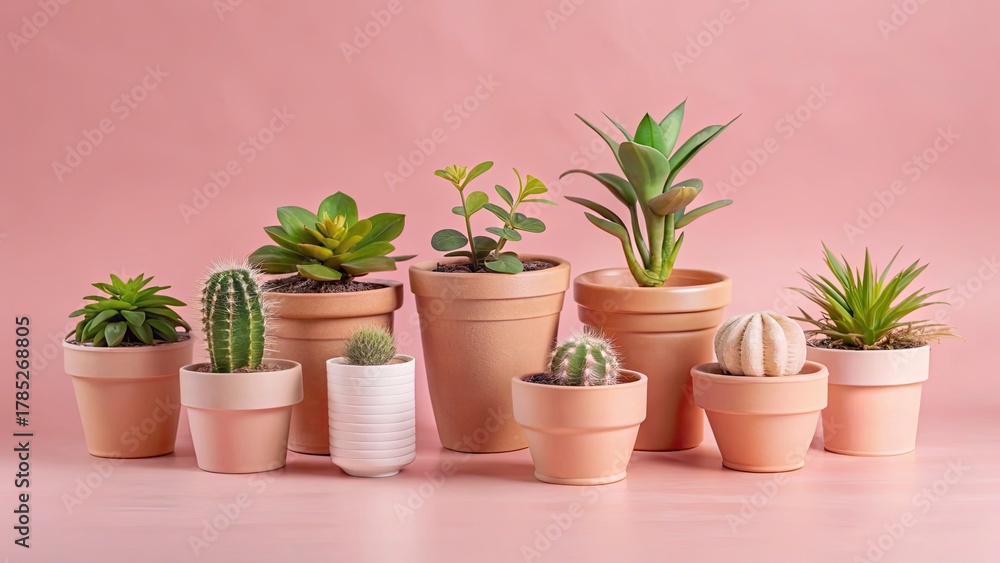 Fototapeta premium A variety of small green succulents and cacti in terracotta and ceramic pots against a soft pink background, conveying a fresh, minimalist vibe generative ai