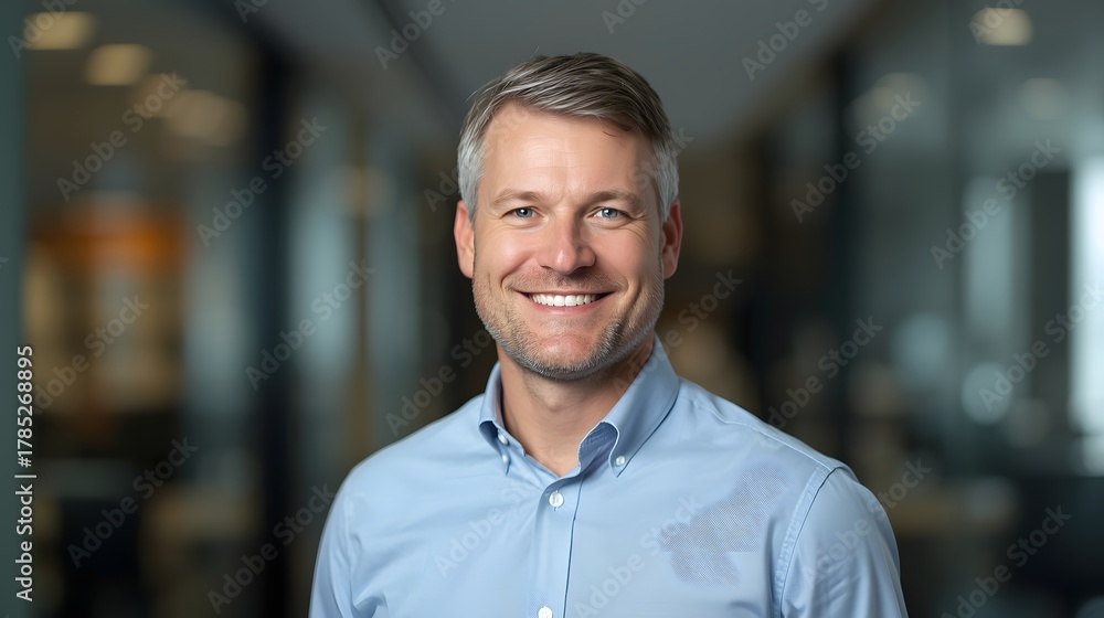 Fototapeta premium Professional indoor portrait of a confident middle-aged man wearing a light blue shirt, smiling warmly in a modern corporate office environment with soft lighting for a clean business atmosphere
