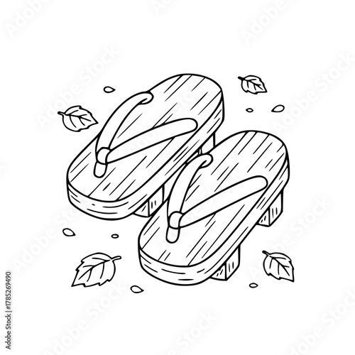 Japanese wooden geta sandals with leaves