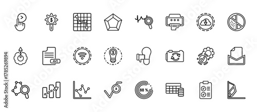 24 set of outline web user interface icons such as dollar, sine wave, avi extension, tings interface, square root vector thin icons for report, presentation, diagram, web design, mobile app