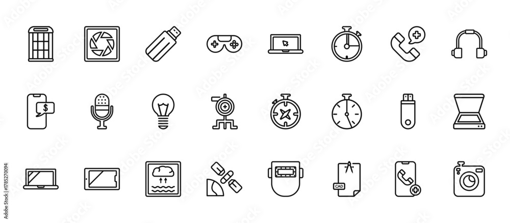 Fototapeta premium 24 set of outline web technology icons such as camera shutter, technology, big microphone, inclined pendrive, satellite in orbit vector thin icons for report, presentation, diagram, web design,