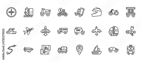 24 set of outline web transport icons such as road sweeper, carrier, flights, sailing boat with veils, gas truck vector thin icons for report, presentation, diagram, web design, mobile app