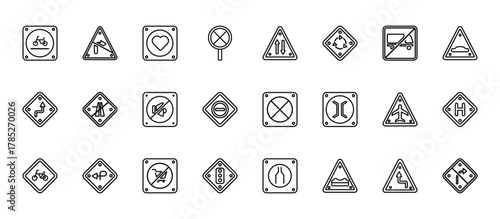 24 set of outline web traffic signs icons such as no turn, two ways, end motorway, airport,   vector thin icons for report, presentation, diagram, web design, mobile app