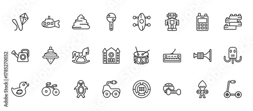 24 set of outline web toys icons such as submarine toy, skate toy, spinning top toy, et ride on vector thin icons for report, presentation, diagram, web design, mobile app