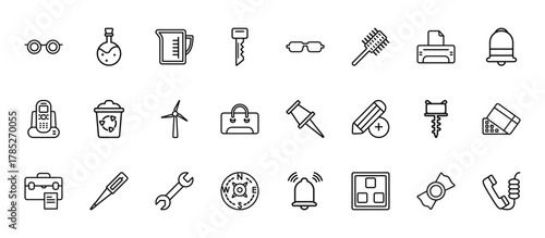 24 set of outline web tools and utensils icons such as chemistry flask with liquid, rectangular eyeglasses, recycling bin, auger, orientation compass vector thin icons for report, presentation,