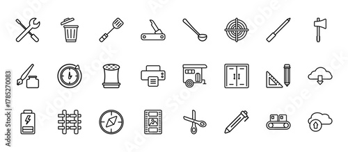 24 set of outline web tools and utensils icons such as trash can open, large spoon, time left,  , film strip photograms vector thin icons for report, presentation, diagram, web design, mobile app