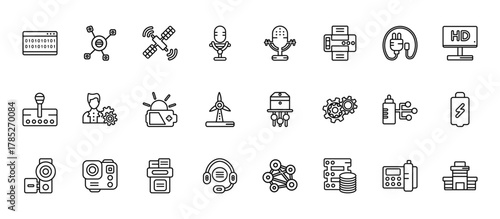 24 set of outline web technology icons such as interaction, big old microphone, project manager, wired connection, telemarketing vector thin icons for report, presentation, diagram, web design,