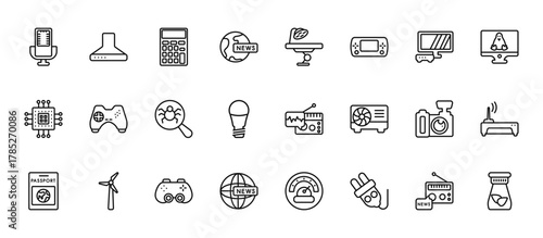 24 set of outline web technology icons such as hood, operating table, sega gamepad, cam with big len, worldwide news vector thin icons for report, presentation, diagram, web design, mobile app