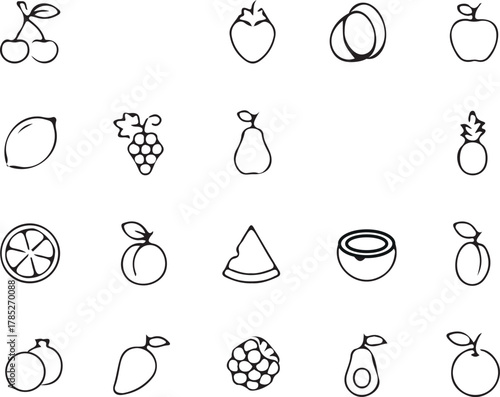 Collection of hand drawn fruit icons in black and white cherries