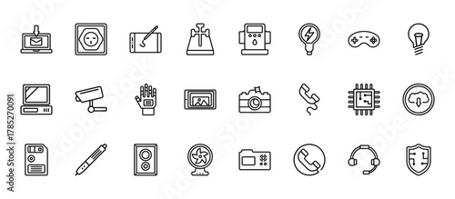 24 set of outline web technology icons such as round socket, dialysis, surveillance camera, big chip, ventilator vector thin icons for report, presentation, diagram, web design, mobile app