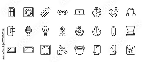 24 set of outline web technology icons such as camera shutter, technology, big microphone, inclined pendrive, satellite in orbit vector thin icons for report, presentation, diagram, web design,
