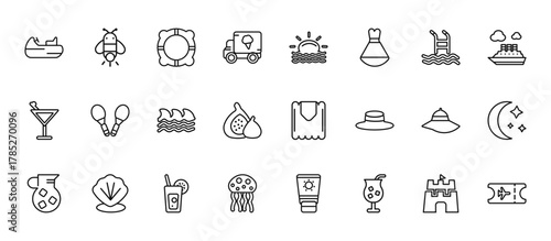 24 set of outline web summer icons such as firefly, sun at sea, rackets, pamela hat, jellyfish vector thin icons for report, presentation, diagram, web design, mobile app