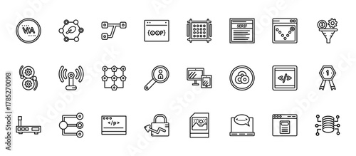 24 set of outline web technology icons such as organic, pixels per inch, reach, front end, growth hacking vector thin icons for report, presentation, diagram, web design, mobile app