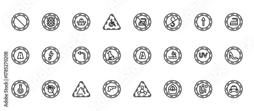 24 set of outline web signs icons such as traffic light, no ironing, high voltage, uv ray warning, weapons vector thin icons for report, presentation, diagram, web design, mobile app