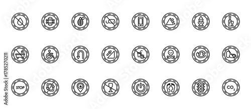 24 set of outline web signs icons such as skateboard, smarthphone, disability, fire warning, no drinks vector thin icons for report, presentation, diagram, web design, mobile app
