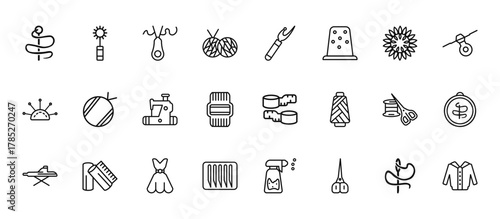 24 set of outline web sew icons such as water spray, seam, yarn, sewing equipment, pins vector thin icons for report, presentation, diagram, web design, mobile app