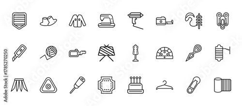 24 set of outline web sew icons such as grommet, hot glue, crochet hook, threader, leather vector thin icons for report, presentation, diagram, web design, mobile app
