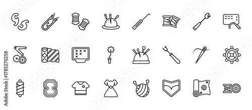 24 set of outline web sew icons such as thread nippers, crochet hook, material, needles, styling vector thin icons for report, presentation, diagram, web design, mobile app