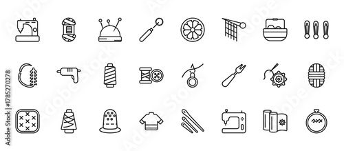 24 set of outline web sew icons such as wool, spokes, hot glue, crochet, clothing vector thin icons for report, presentation, diagram, web design, mobile app