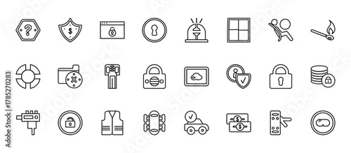 24 set of outline web security icons such as euro currency security shield, ambulance alert, unsecure, locked padlock, leg protector vector thin icons for report, presentation, diagram, web design,
