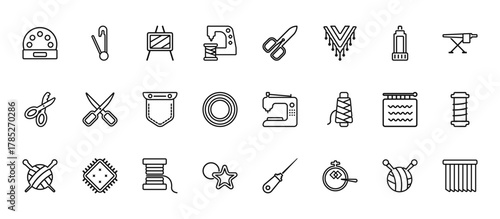 24 set of outline web sew icons such as clothespin, cutting tool, sewing scissors, handloom, sewing marker vector thin icons for report, presentation, diagram, web design, mobile app