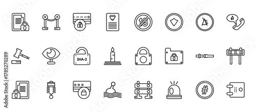 24 set of outline web security icons such as picket, underage, insight, seat belt, float vector thin icons for report, presentation, diagram, web design, mobile app