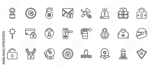 24 set of outline web security icons such as racing helmet, police tools, locked card, big lock, boxing helmet vector thin icons for report, presentation, diagram, web design, mobile app