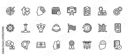 24 set of outline web productivity icons such as puzzle piece, tactics, winner on the podium, bar graph, mind charge vector thin icons for report, presentation, diagram, web design, mobile app