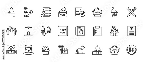 24 set of outline web political icons such as merging, checking, health clinic, debate, election event on a calendar with star vector thin icons for report, presentation, diagram, web design, mobile