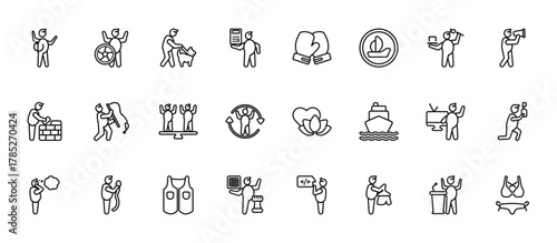 24 set of outline web people skills icons such as rescuer, boxing gloves, fisher, tv correspondent, chessplayer vector thin icons for report, presentation, diagram, web design, mobile app