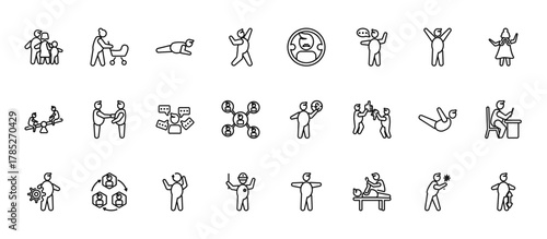 24 set of outline web people icons such as mother walking with baby stroller, masculine avatar, meeting date, locust, policeman standing up vector thin icons for report, presentation, diagram, web