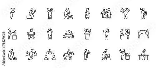 24 set of outline web people icons such as man sitting and reading book, japan geisha, sumo fighter, boss and worker, man riding a horse vector thin icons for report, presentation, diagram, web
