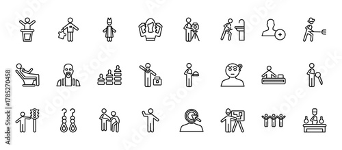 24 set of outline web people icons such as salesman working, photographer working, hipster smile, assembler, waving goodbye vector thin icons for report, presentation, diagram, web design, mobile