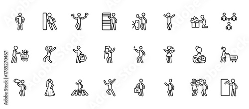24 set of outline web people icons such as man pushing a door with his body, validating ticket, businessman dancing, breastfeeding, man jumping vector thin icons for report, presentation, diagram,