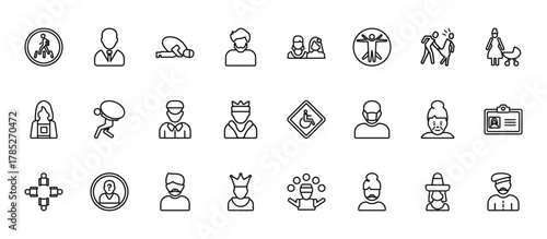 24 set of outline web people icons such as bussiness man, lesbian couple, burden, old woman, empress vector thin icons for report, presentation, diagram, web design, mobile app