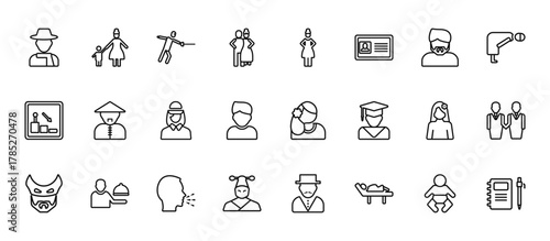 24 set of outline web people icons such as babysitter and child, hips, vietnamese, woman with flower, korean vector thin icons for report, presentation, diagram, web design, mobile app