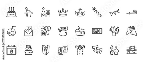24 set of outline web party icons such as chapaigne bottle in bucket, woman mask, open envelope with heart letter, boy partying, big speaker vector thin icons for report, presentation, diagram, web