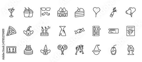 24 set of outline web party icons such as two muffins, slice of cake, clown head with hat, admission, two candies vector thin icons for report, presentation, diagram, web design, mobile app