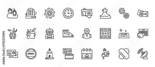 24 set of outline web other icons such as grooming glove, cook business card, caudron, spell book, wave abstract business card vector thin icons for report, presentation, diagram, web design, mobile
