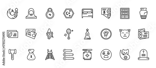 24 set of outline web other icons such as woman with hijab, hotel bed, sea business card, japanese cat, priority vector thin icons for report, presentation, diagram, web design, mobile app