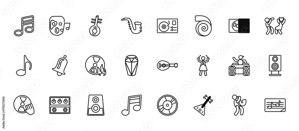 Fototapeta premium 24 set of outline web music icons such as phantom, recorder player, bell, party dj, song note vector thin icons for report, presentation, diagram, web design, mobile app