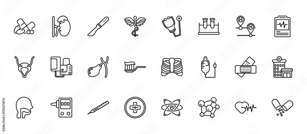 Naklejka premium 24 set of outline web medical icons such as adrenal gland, stethoscope medical heart beats control tool, blood pressure control tool, plastering, hospital medicalal of a cross in a circle vector